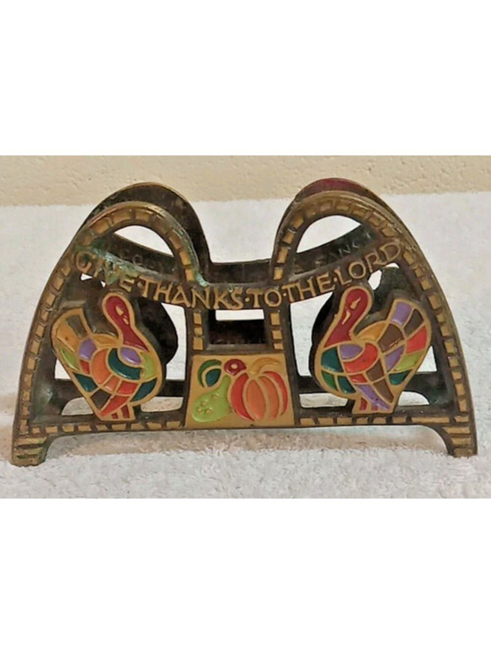 Vintage 1969 Brass Napkin Holder Terra Sancta Guild -Give Thanks To The Lord-
